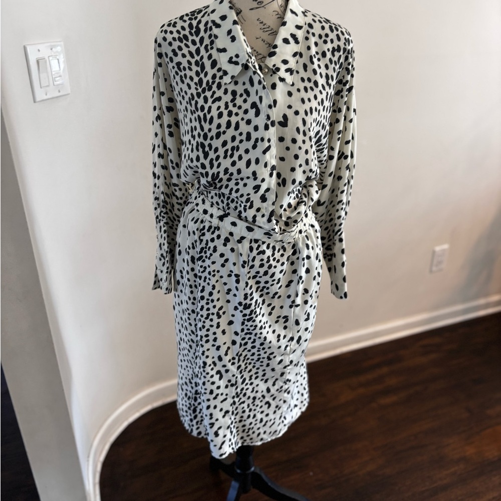 Vintage Silk Dalmatian Print Long-Sleeve Shirt and skirt set- Cream/Black